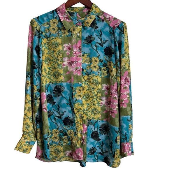 Colorful Patchwork Mixed Print Floral Button Front Blouse Shirt Large Flowy - Picture 7 of 9
